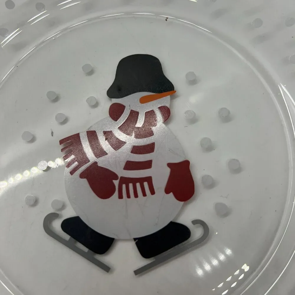 Set 4 Crate & Barrel Skating Snowmen Dessert Salad Plate Glass Holiday Christmas